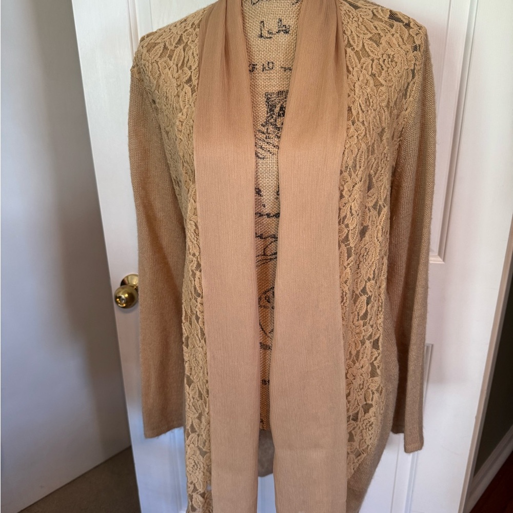Chico's Lace-Panel Open Front Cardigan in Camel